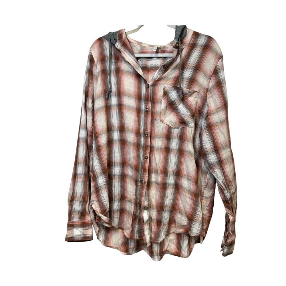 Mudd Plaid Print Hooded Casual Flannel Button Up Shirt Junior’s Size XXL